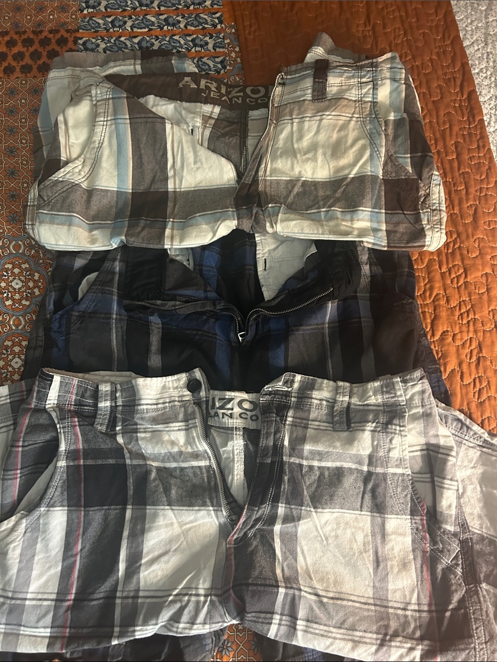 Arizona Jean Company Plaid Flat Front Shorts in Blue, Gray, Brown